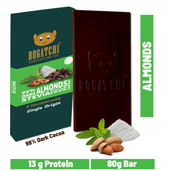 BOGATCHI Stevia Sugarfree Chocolate Bar, Almonds, 80g